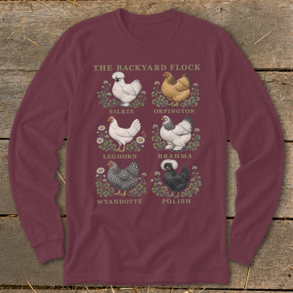 "The Backyard Flock" text above six illustrations of chickens: Silkie, Orpington, Leghorn, Brahma, Wyandotte, Polish.