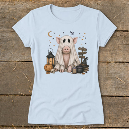 Pig in a ghost costume with Halloween decorations and a "Spooky Beware Boo!" sign.