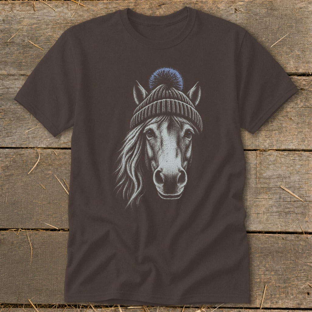 Brown t-shirt with a sketch of a horse wearing a blue pom-pom beanie.