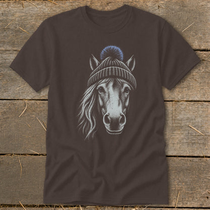 Brown t-shirt with a sketch of a horse wearing a blue pom-pom beanie.