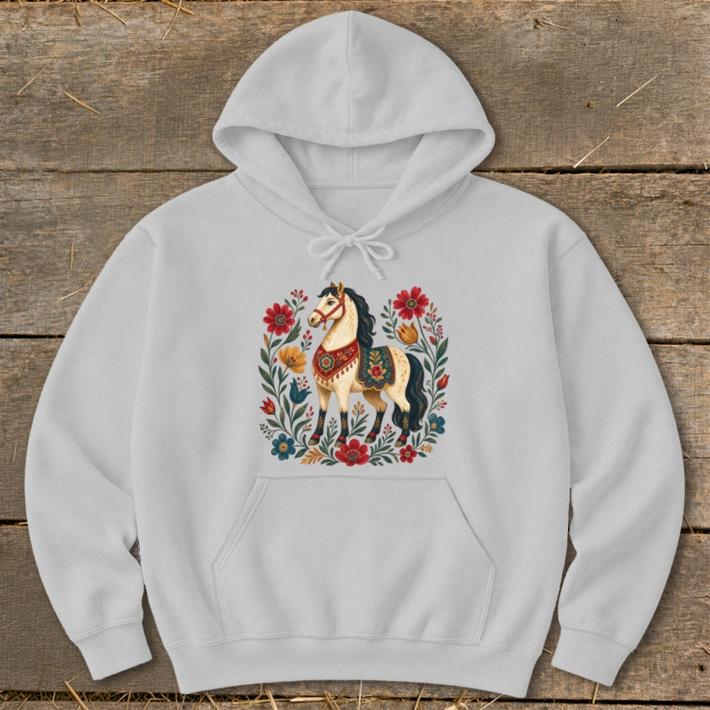 Light grey hoodie with a decorative horse and floral design.