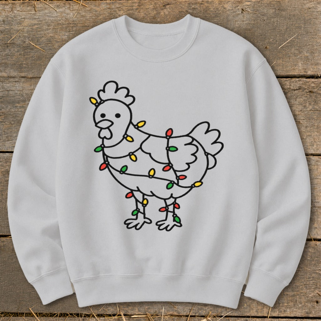 White sweatshirt with a line drawing of a chicken wrapped in colorful Christmas lights.