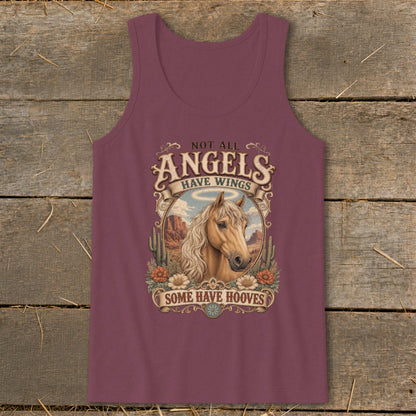 Burgundy tank top with horse graphic and text "Not All Angels Have Wings, Some Have Hooves".