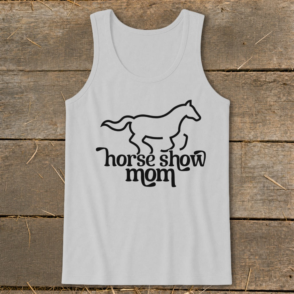 Grey tank top with black outline of horse and text "horse show mom".