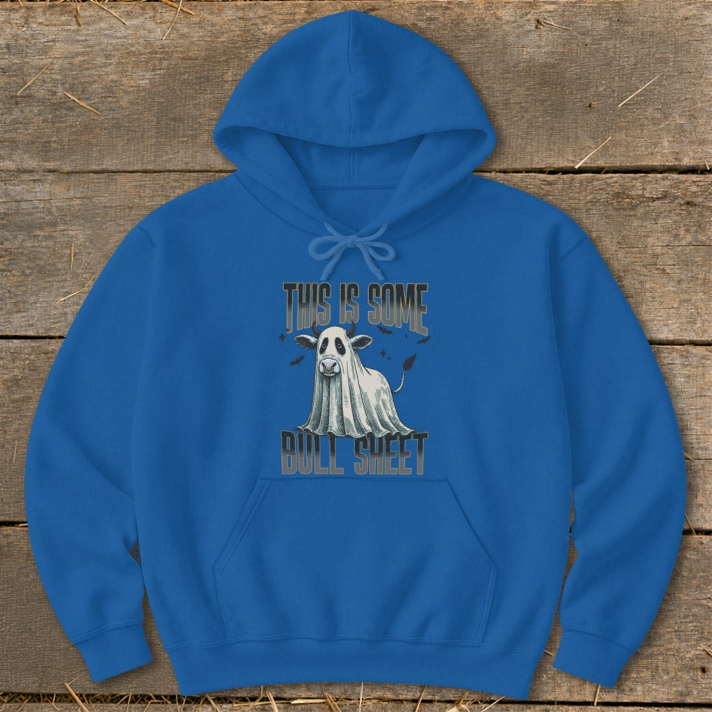 Blue hoodie with a cow dressed as a ghost, reading "THIS IS SOME BULL SHEET".