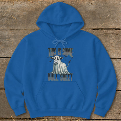 Blue hoodie with a cow dressed as a ghost, reading "THIS IS SOME BULL SHEET".