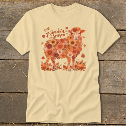 Light yellow t-shirt with a sheep made of autumn flowers and pumpkins.