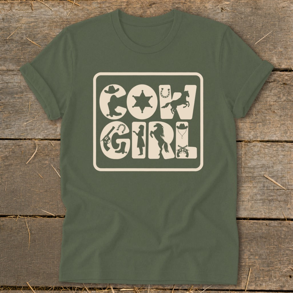 Green t-shirt with cream "COWGIRL" text and western silhouettes.