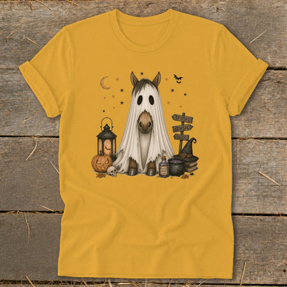 Horse dressed as a ghost with Halloween decorations and spooky sign.