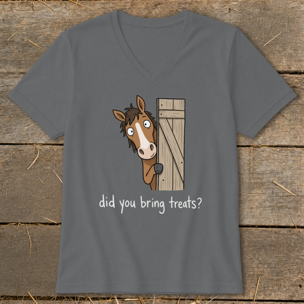 A cartoon horse peeks around a wooden door asking "Did you bring treats?".