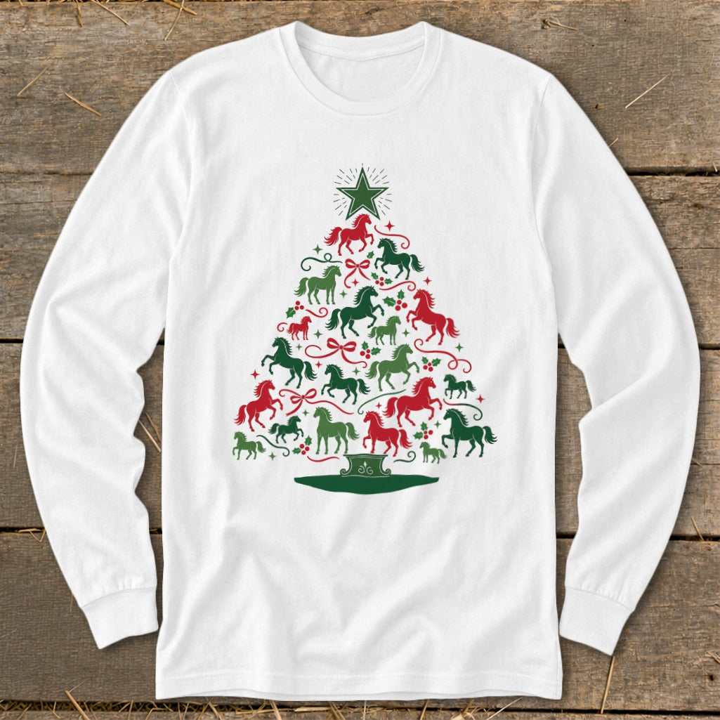 White long-sleeve shirt with a Christmas tree design made of red and green horses.