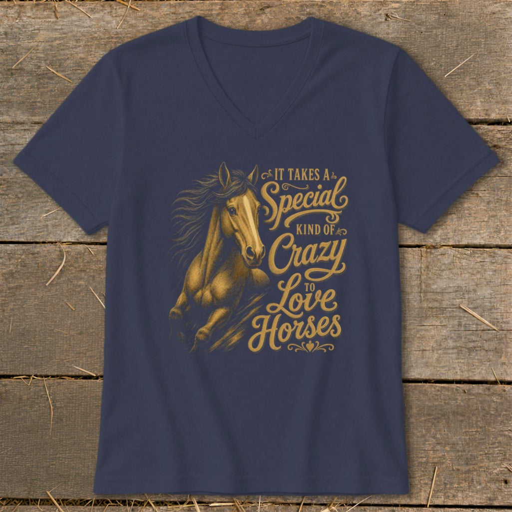 Navy t-shirt with a running horse graphic and text that reads "It takes a special kind of crazy to love horses."