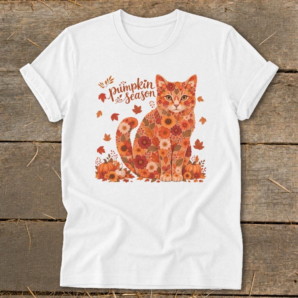 White t-shirt with a floral cat graphic and "Pumpkin Season" text.
