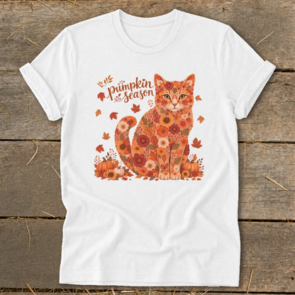 White t-shirt with a floral cat graphic and "Pumpkin Season" text.