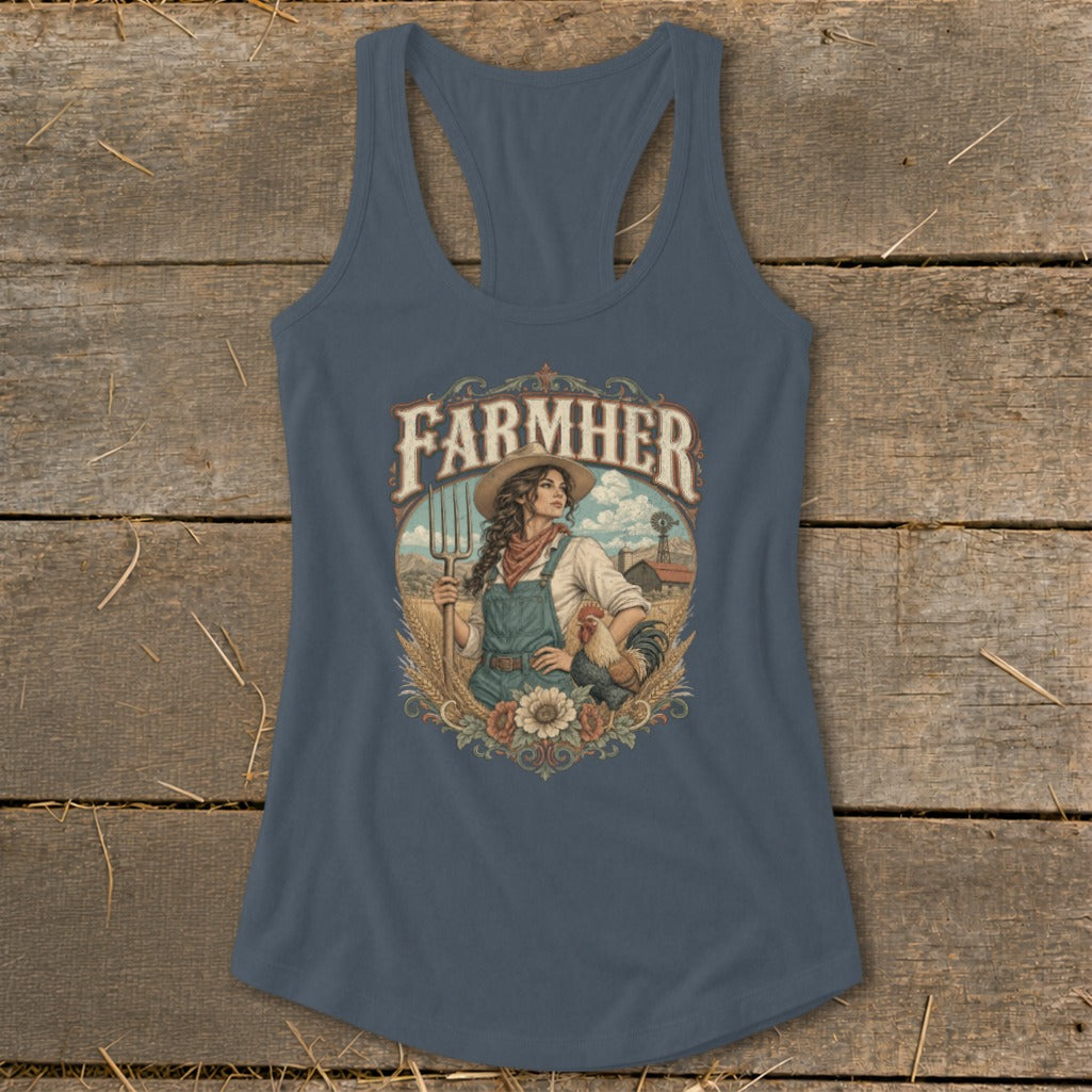 FARMHER graphic on a women's tank top featuring a farmer and rooster.