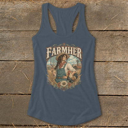 FARMHER graphic on a women's tank top featuring a farmer and rooster.