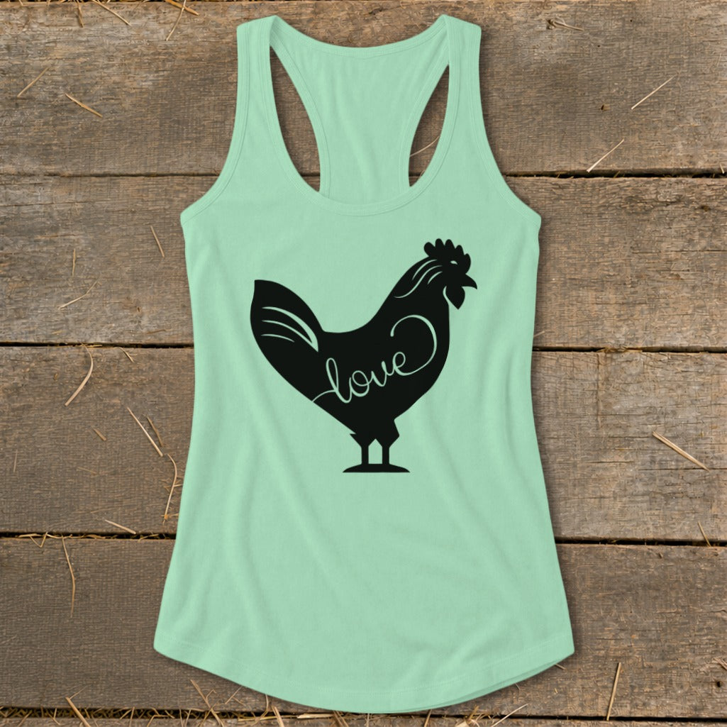 Mint green tank top with a black rooster silhouette containing the word "love".