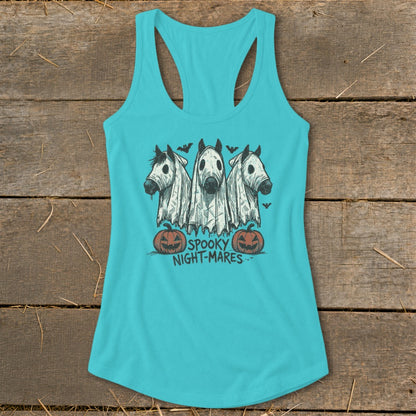 Turquoise tank top with three horses in ghost costumes and pumpkins, text reads "Spooky Night-Mares."