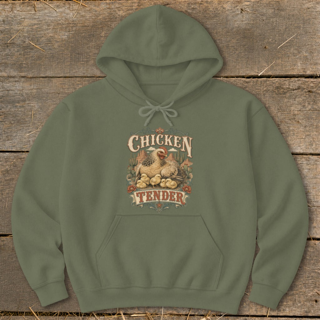 Olive hoodie with a "Chicken Tender" graphic of a hen and chicks.