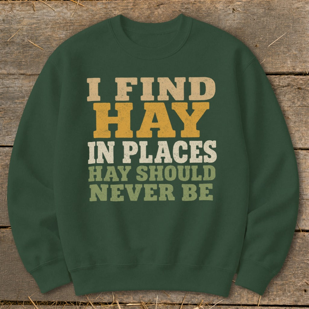 Green sweatshirt with text "I FIND HAY IN PLACES HAY SHOULD NEVER BE".