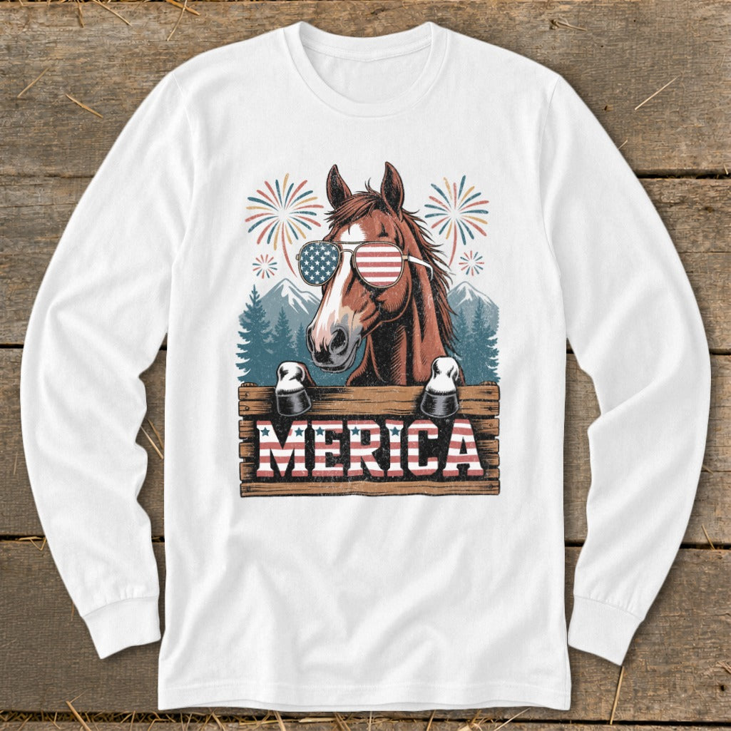Horse wearing American flag sunglasses and a wooden sign that says "MERICA".