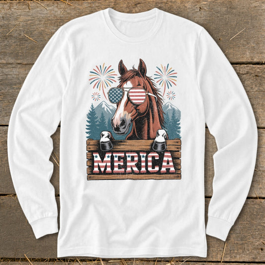 Horse wearing American flag sunglasses and a wooden sign that says "MERICA".
