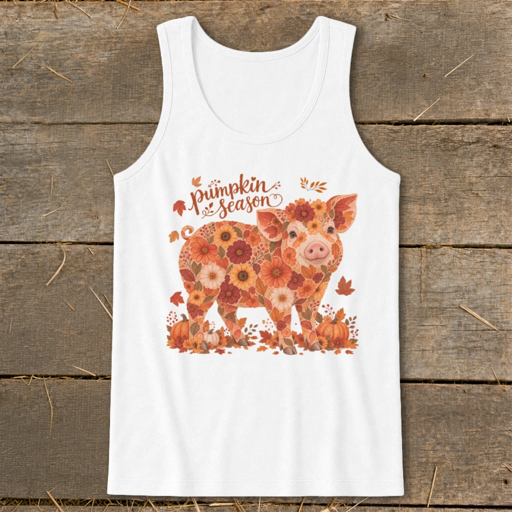 White tank top with a floral pig design and "pumpkin season" text.