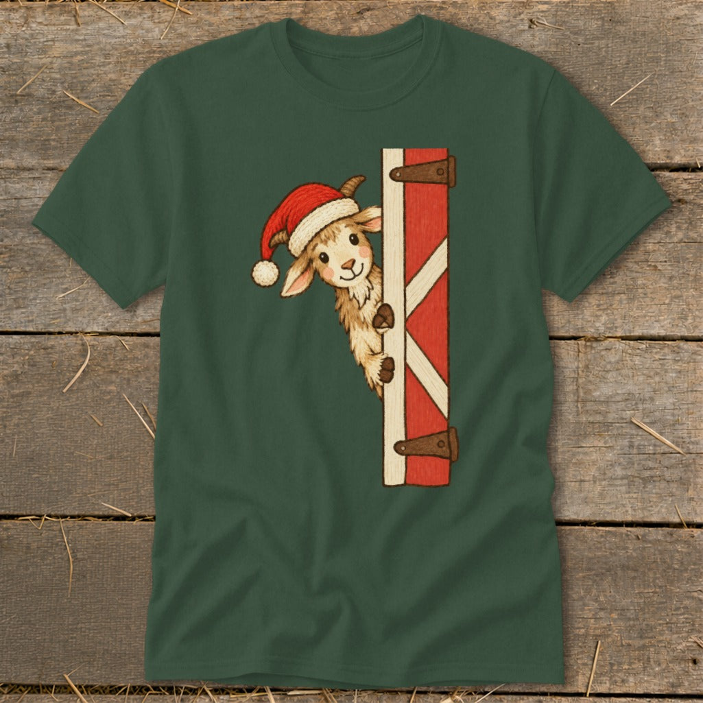 Goat wearing a Santa hat peeking around a red and white barn door.