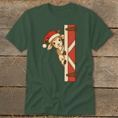 Goat wearing a Santa hat peeking around a red and white barn door.