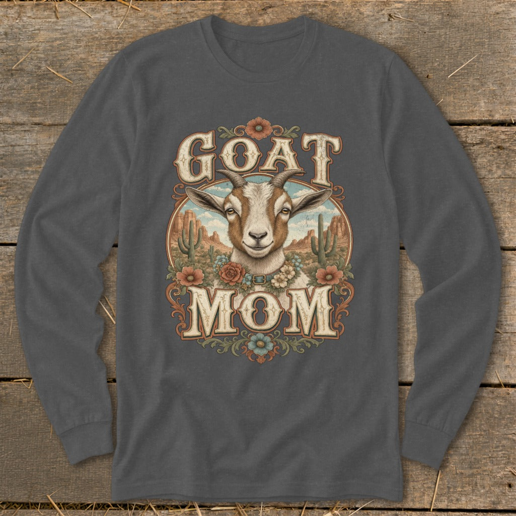 Goat Mom graphic with a goat head and desert landscape.