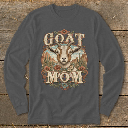 Goat Mom graphic with a goat head and desert landscape.