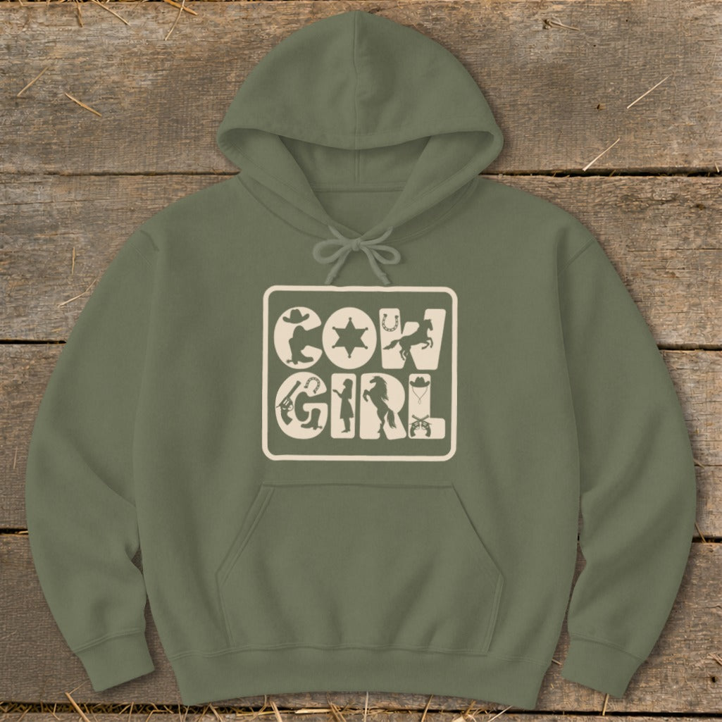 Olive green hoodie with "COW GIRL" graphic featuring western icons.