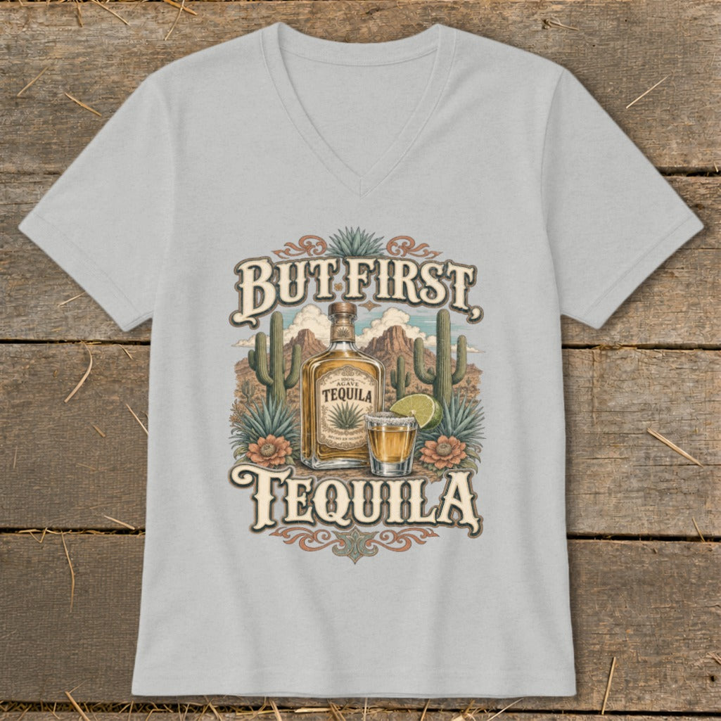 But First Tequila graphic with desert landscape, agave plant, and drink.