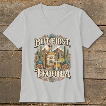 But First Tequila graphic with desert landscape, agave plant, and drink.
