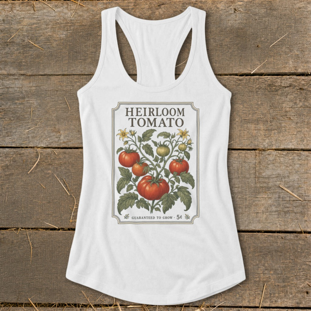 White tank top with an "Heirloom Tomato" illustration and "Guaranteed to Grow 5c".