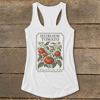 White tank top with an "Heirloom Tomato" illustration and "Guaranteed to Grow 5c".