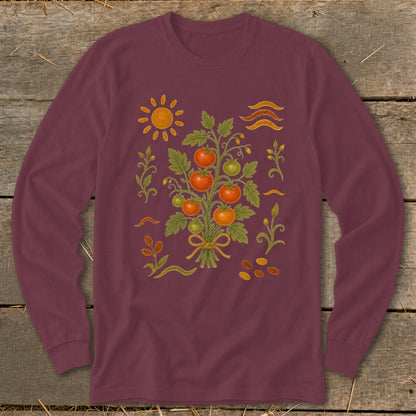 Maroon long-sleeve shirt with tomato plant, sun, and wavy lines illustration.