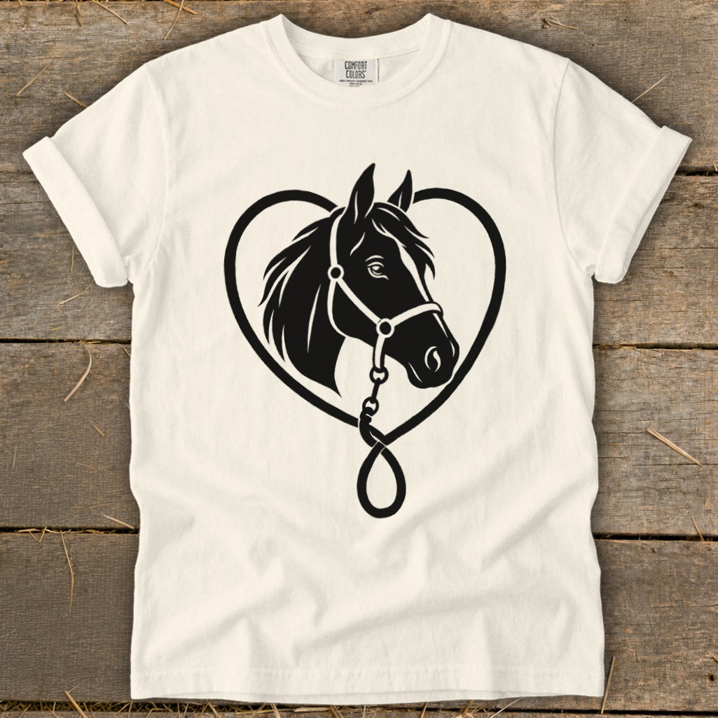 Off-white crewneck t-shirt featuring a black graphic of a horse head inside a heart outline.
