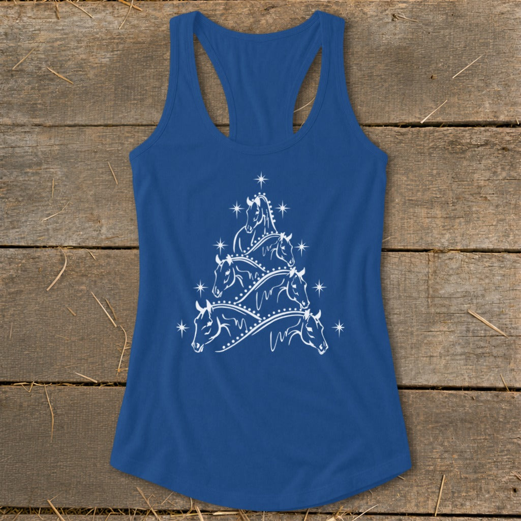 Blue tank top with white graphic of horses forming a Christmas tree.