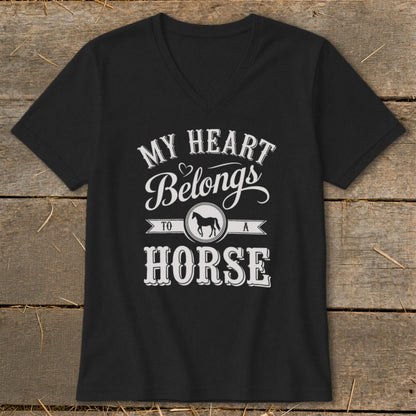 Black t-shirt with "My Heart Belongs To A Horse" graphic and horse silhouette.