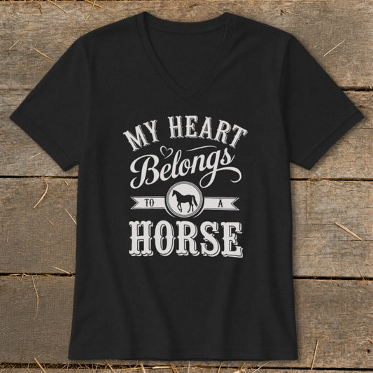 Black t-shirt with "My Heart Belongs To A Horse" graphic and horse silhouette.