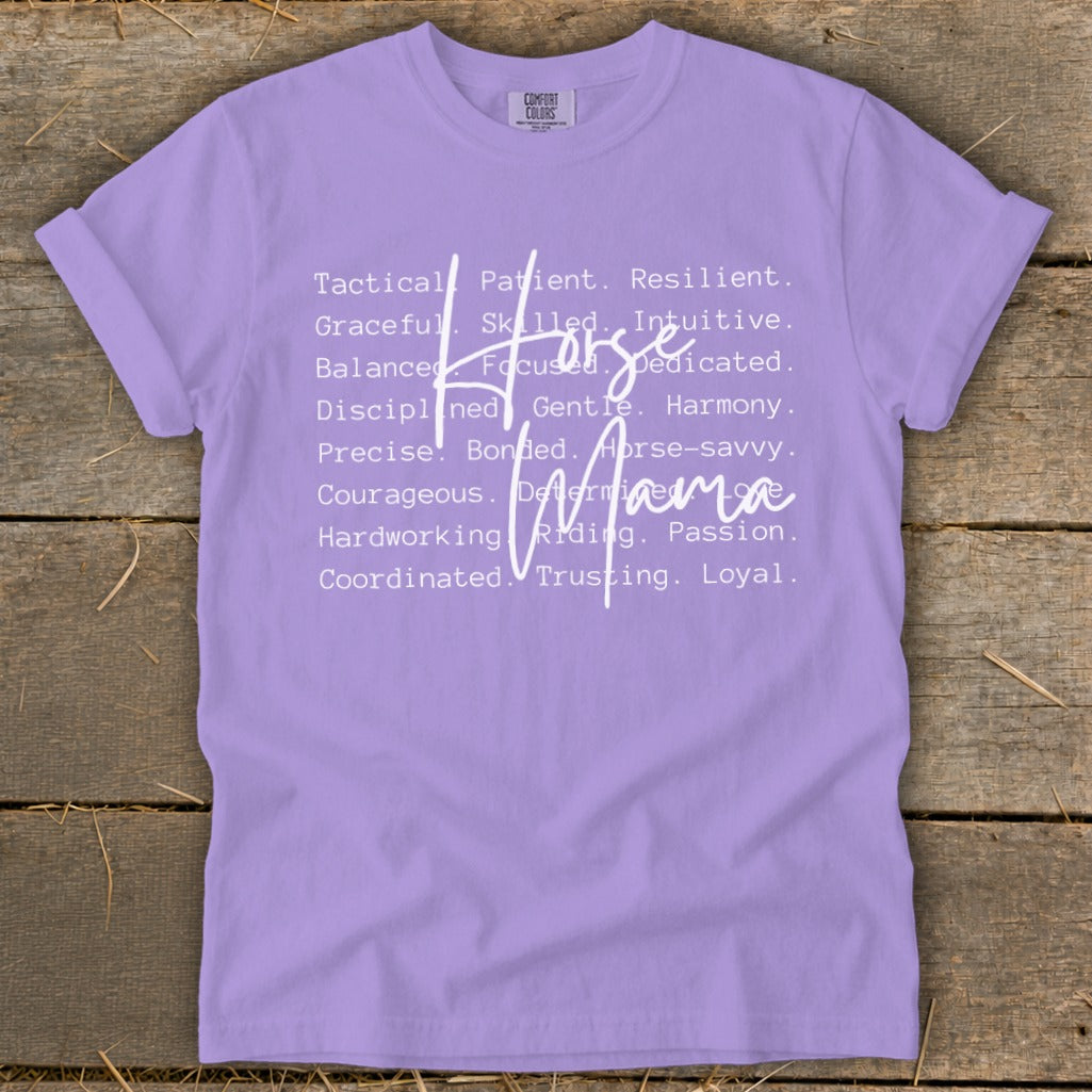 Purple t-shirt with "Horse Mama" and descriptive words in white text.