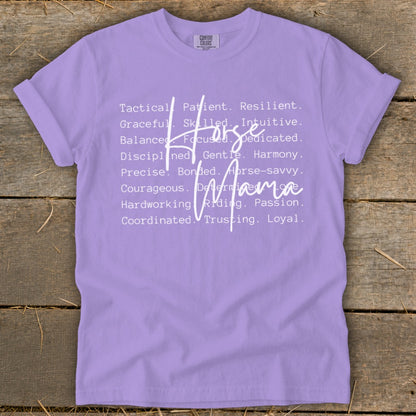 Purple t-shirt with "Horse Mama" and descriptive words in white text.