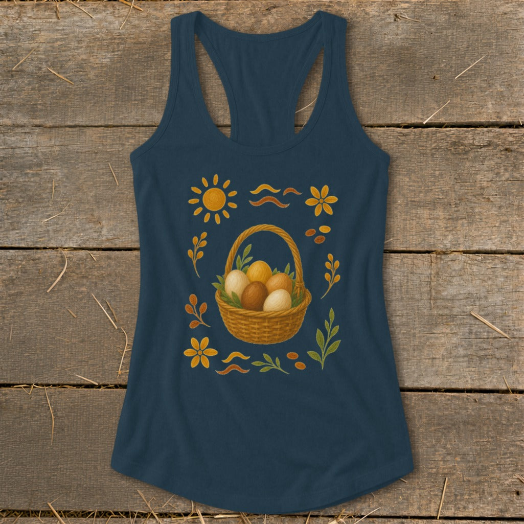 Navy tank top with an Easter basket filled with eggs and floral design.