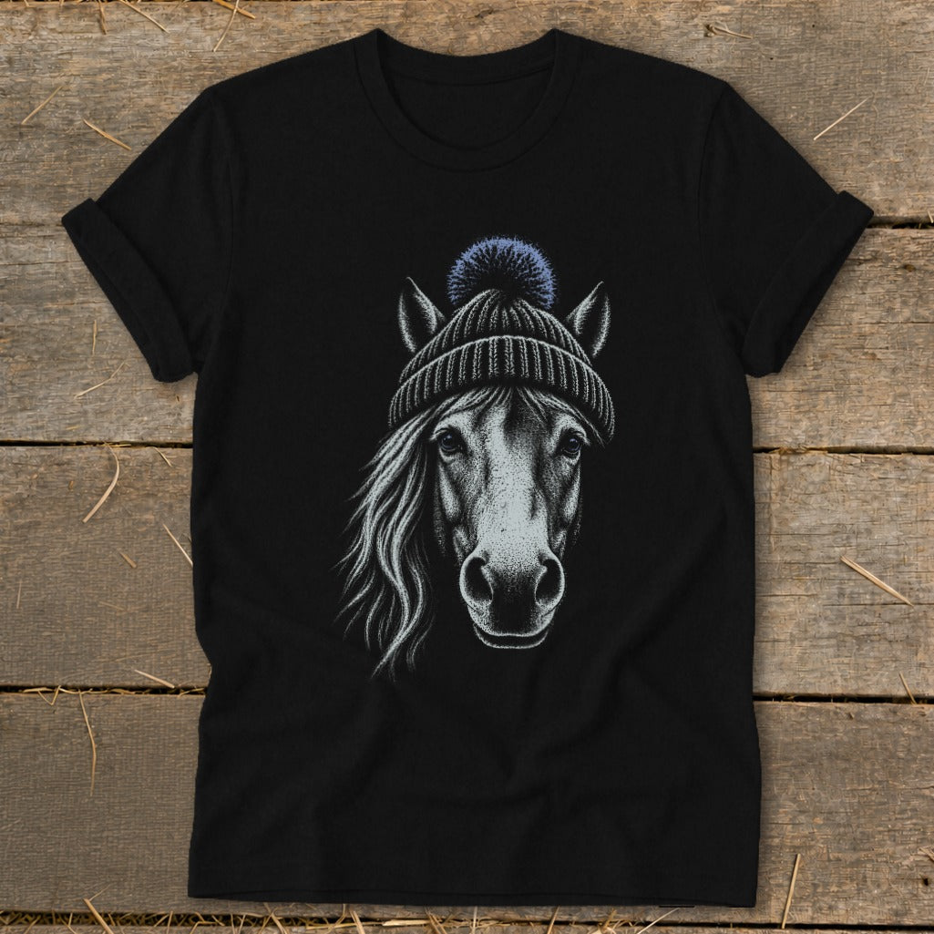 Black t-shirt with a detailed sketch of a horse wearing a knit beanie.