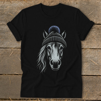 Black t-shirt with a detailed sketch of a horse wearing a knit beanie.