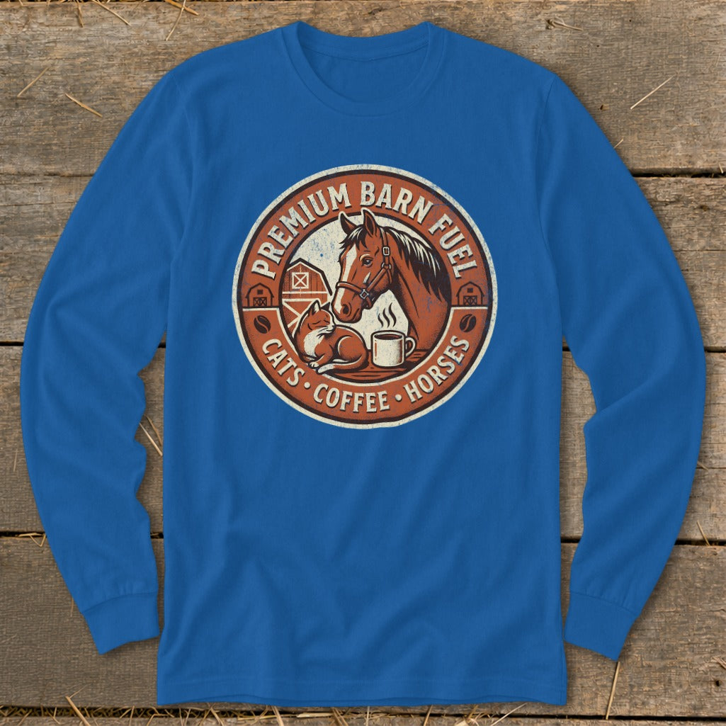 Blue long sleeve shirt with circular barn graphic featuring horse, cat, coffee cup, and text.