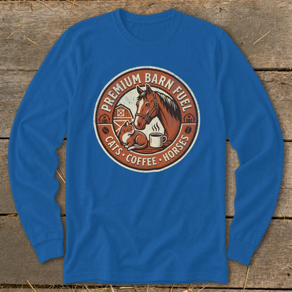 Blue long sleeve shirt with circular barn graphic featuring horse, cat, coffee cup, and text.