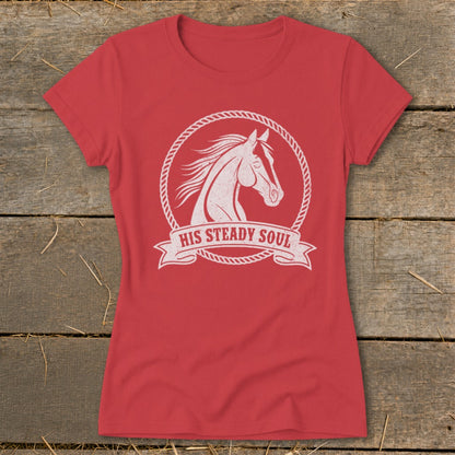 Red t-shirt with white horse head graphic inside a rope circle, text reads "HIS STEADY SOUL."
