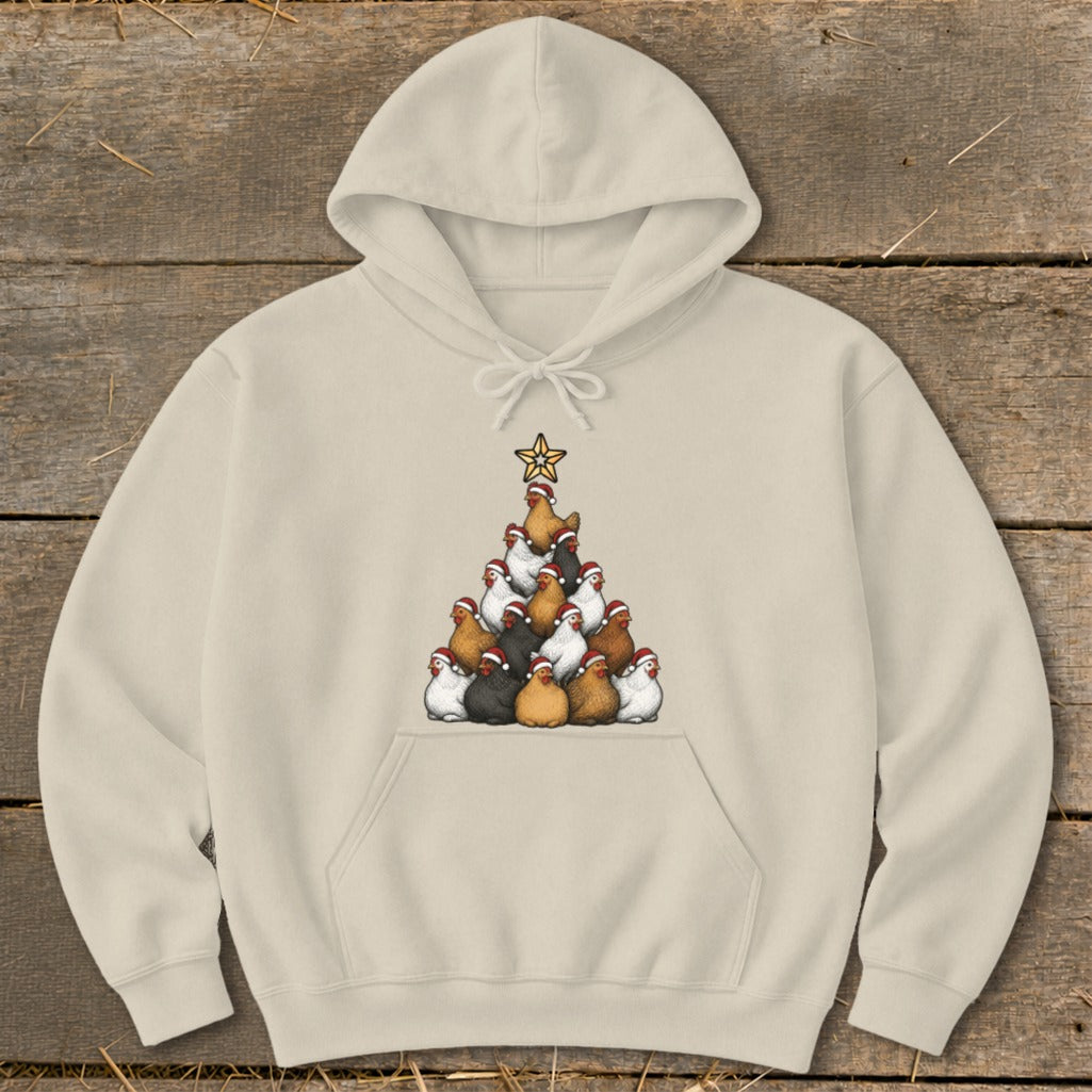 Cream hoodie with a Christmas tree made of chickens wearing Santa hats.